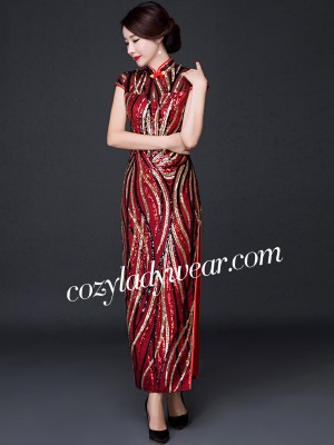 Sequins Striped Full-Length Qipao / Cheongsam Dress