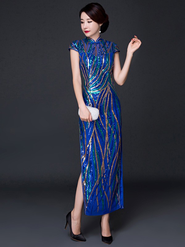 Sequins Stripped Full-Length Qipao / Cheongsam Dress