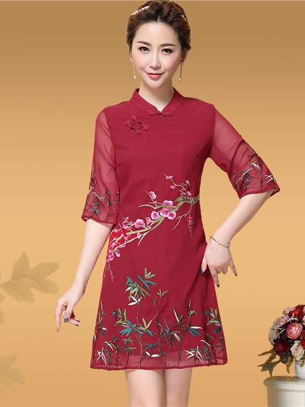 Shift Embroidered Chiffon Qipao / Cheongsam Dress with Half Sleeve