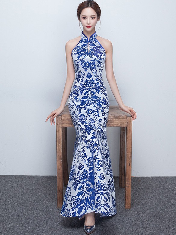 Blue Floral Halter Fishtail Qipao / Cheongsam Prom Dress