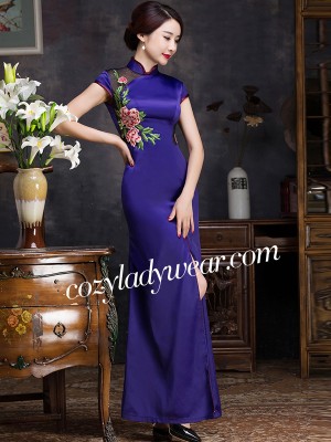 Purple Embroidered Qipao / Cheongsam Evening Dress with Split Front