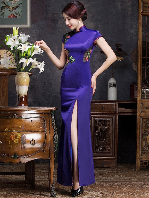 Purple Embroidered Qipao / Cheongsam Evening Dress with Split Front