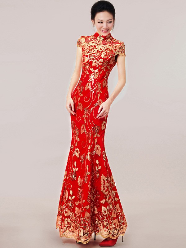 Red Ankle-length Sequined Fishtail Cheongsam / Qipao Wedding Dress