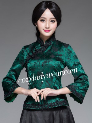 Silk Floral Qipao / Cheongsam Top with Lace Trim