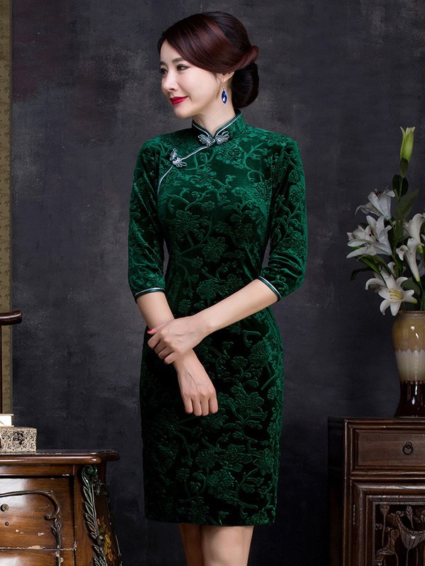 Ritual Green Floral Velvet Qipao / Cheongsam Dress