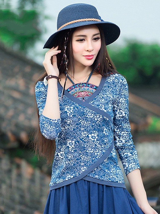 Asymmetric Halter Blue Floral Qipao / Cheongsam Top