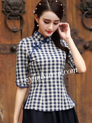 Plaid Qipao / Tang Shirt with Half Sleeve