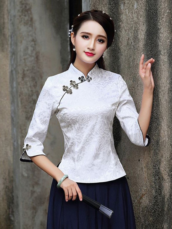 Vintage Floral Qipao / Tang Shirt with Half Sleeve