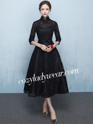 Black Lace Ankle-Length Qipao / Cheongsam Dress with Tulle Skirt