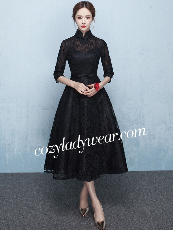 Black Lace Ankle Length Qipao Cheongsam Dress with Tulle Skirt CozyLadyWear