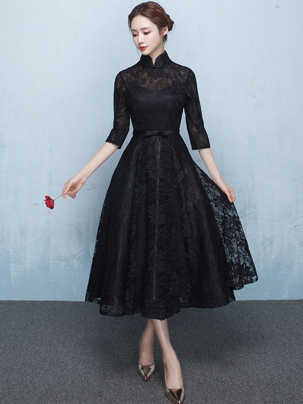 Black Lace Ankle-Length Qipao / Cheongsam Dress with Tulle Skirt