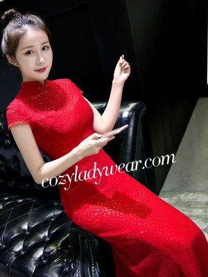 Delicate Red Lace Fishtail Qipao / Cheongsam Wedding Dress