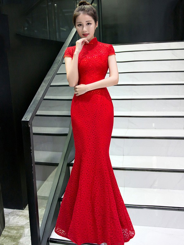 Delicate Red Lace Fishtail Qipao / Cheongsam Wedding Dress