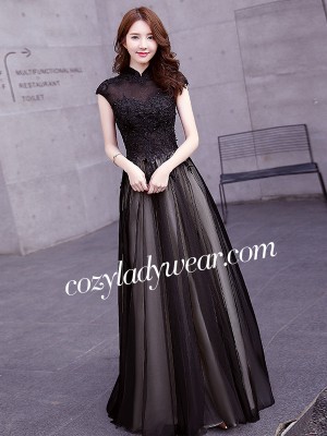 Sunset Black Tulle Qipao / Cheongsam Evening Dress with Sequins