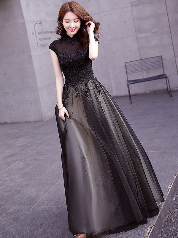 Sunset Black Tulle Qipao / Cheongsam Evening Dress with Sequins