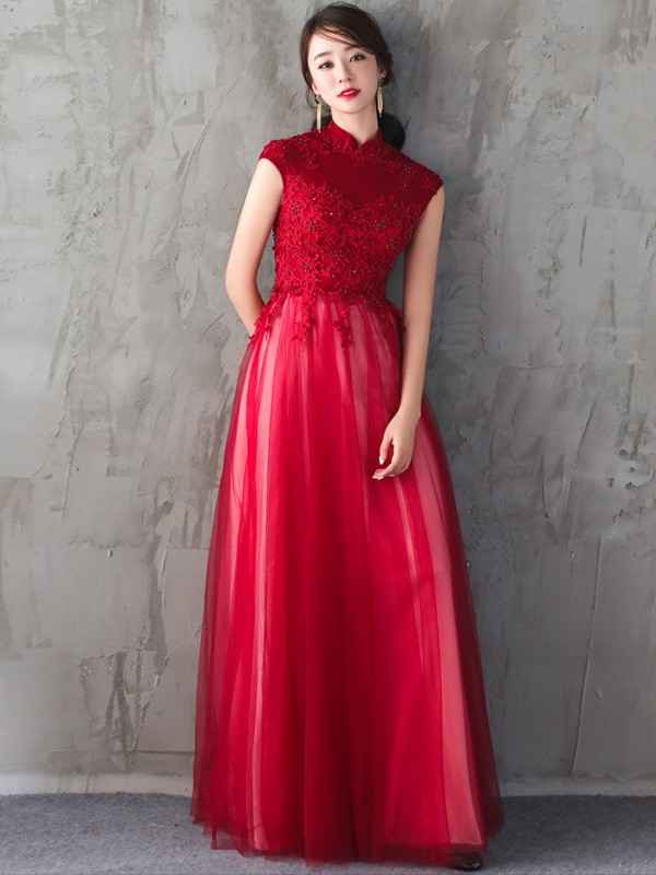 Custom Made Red Tulle Qipao / Cheongsam Dress with Sequins