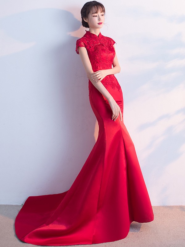 Red Mermaid Train Qipao / Cheongsam Wedding Dress with Lace Top