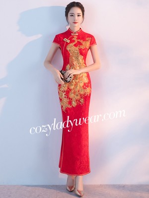 Red Lace Phoenix Split Qipao / Cheongsam Wedding Dress