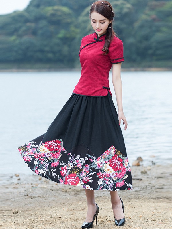 Rose Red Linen Qipao / Cheongsam Top