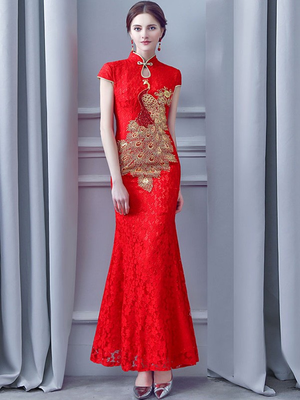 Red Lace Long Phoenix Qipao / Cheongsam Wedding Dress