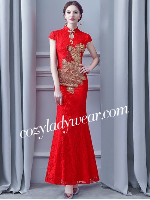 Red Lace Long Phoenix Qipao / Cheongsam Wedding Dress