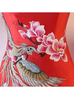 Red Off-The-Shoulder Fishtail Qipao / Cheongsam Dress with Embroidery