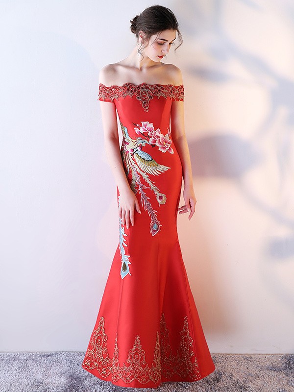 Red Off-The-Shoulder Fishtail Qipao / Cheongsam Dress with Embroidery