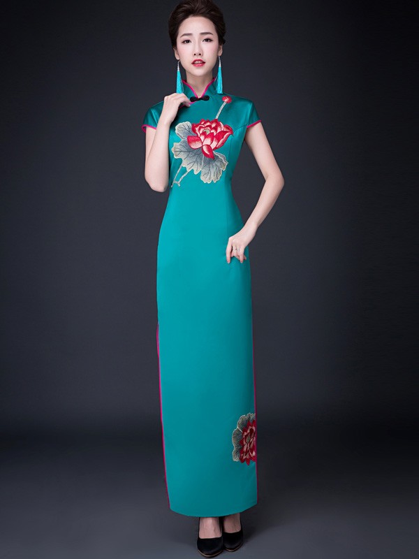 Green Ankle-Length Qipao / Cheongsam Dress in Lotus Print