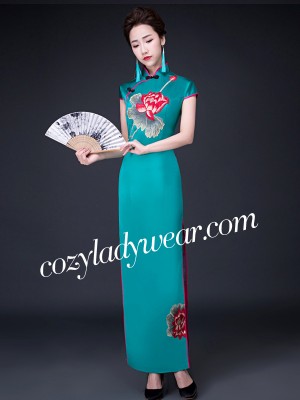 Green Ankle-Length Qipao / Cheongsam Dress in Lotus Print