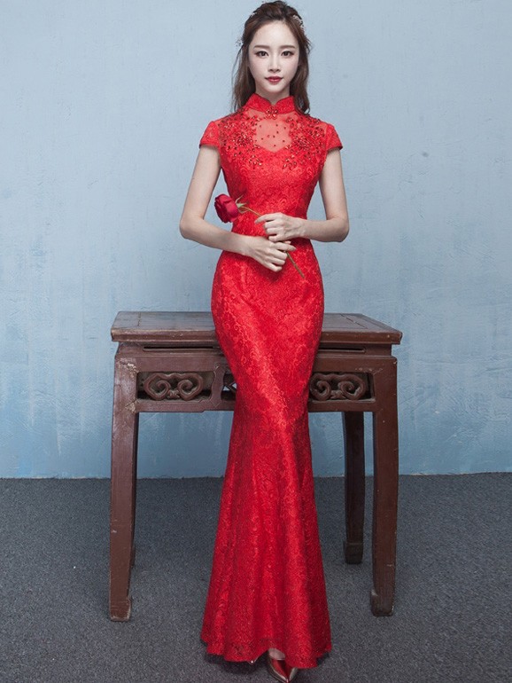 Red Lace Fishtail Qipao / Cheongsam Gown in Sequins