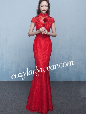 Red Lace Fishtail Qipao / Cheongsam Gown in Sequins