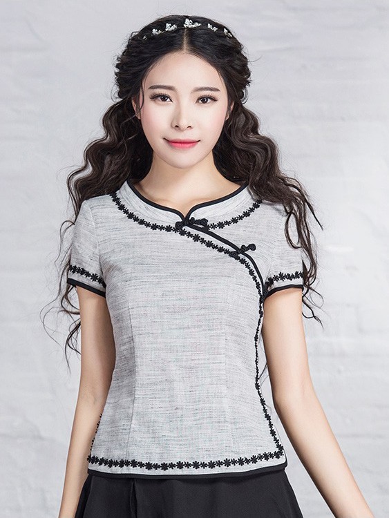 Gray Qipao / Cheongsam Top with Lace Trim