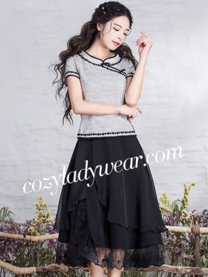 Gray Qipao / Cheongsam Top with Lace Trim