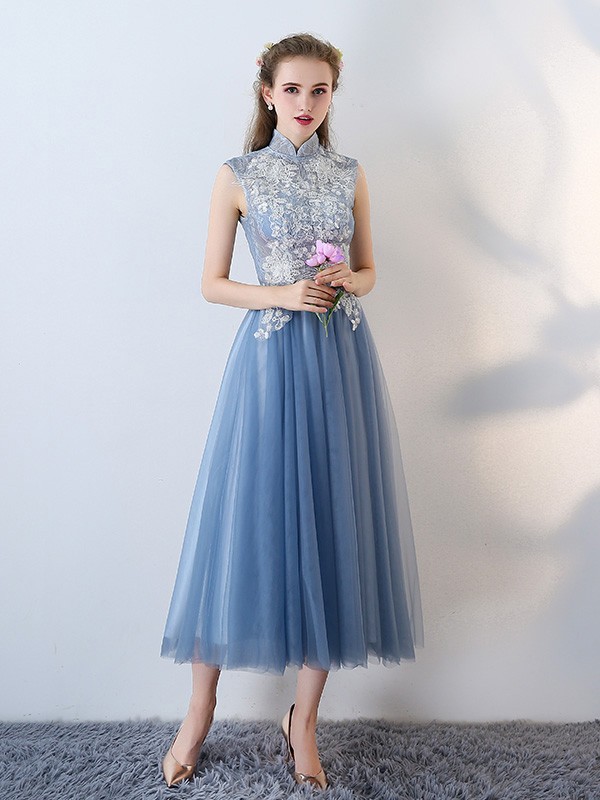 Blue Bridesmaid Tulle Qipao / Cheongsam Dress with Cutout Back