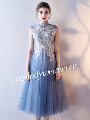 Blue Bridesmaid Tulle Qipao / Cheongsam Dress with Cutout Back