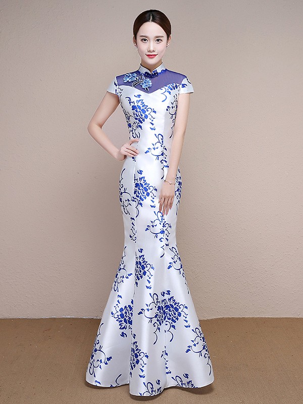 White and Blue Floral Print Qipao / Cheongsam Formal Dress