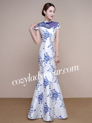 White and Blue Floral Print Qipao / Cheongsam Formal Dress