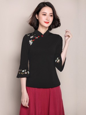 Embroidered Qipao / Cheongsam Top with Frill Sleeve