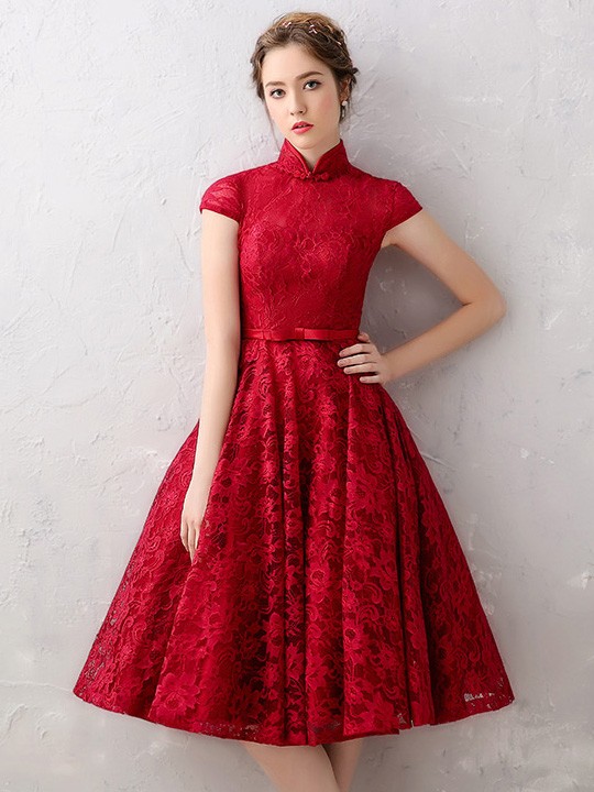 Wine Red A-Line Lace Qipao / Cheongsam ...