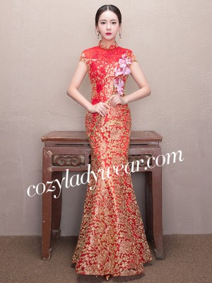 Golden Appliques Mermaid Qipao / Cheongsam Wedding Dress