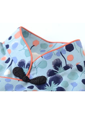 Chic Midi Blue Floral Print Qipao / Cheongsam Dress