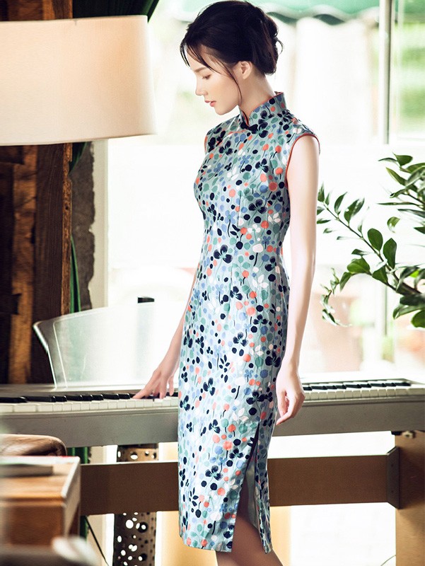 Chic Midi Blue Floral Print Qipao / Cheongsam Dress