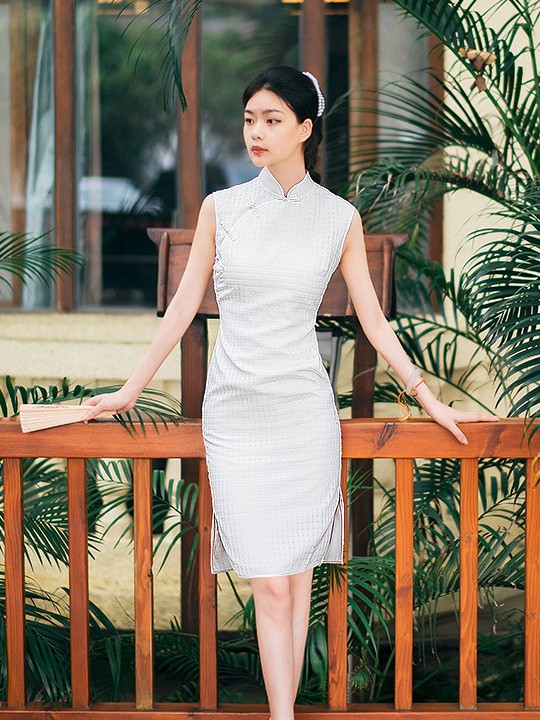 White Grid Qipao / Cheongsam Dress in Organza