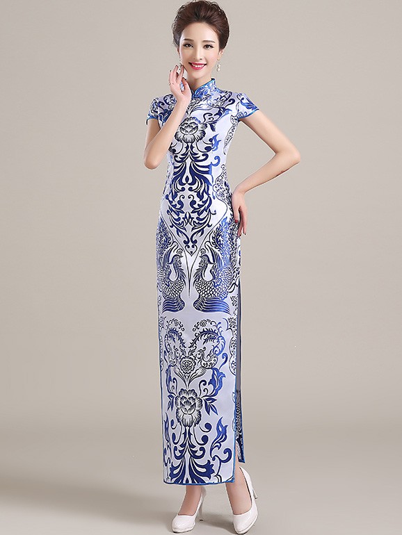 Long Qipao / Cheongsam Party Dress in Blue and White Phoenix