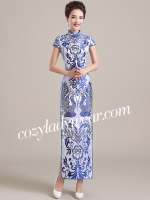 Long Qipao / Cheongsam Party Dress in Blue and White Phoenix