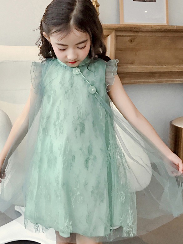 Girl's Embroidered Fairy Cheongsam / Qipao Dress with Ruffle Sleeve