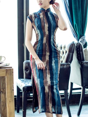 Colorblocked Long Qipao / Cheongsam Dress in Chiffon