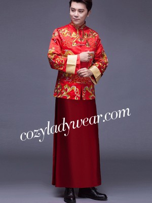 Red Embroidered Men's Wedding Tang Suit, Jacket & Chang Shan