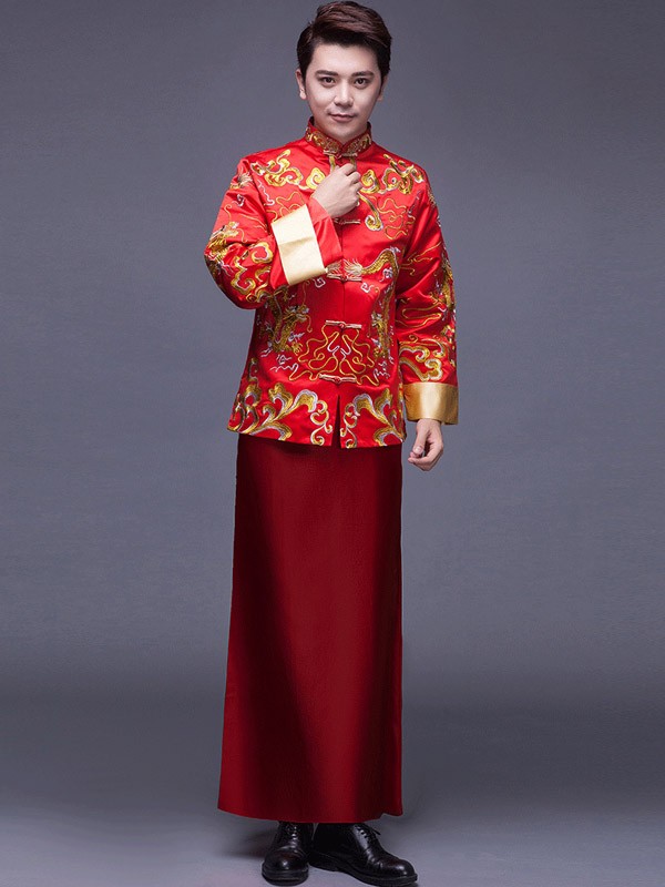 Red Embroidered Men's Wedding Tang Suit, Jacket & Chang Shan
