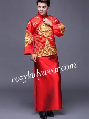 Red Embroidered Men's Chinese Wedding Suit, Jacket & Gown